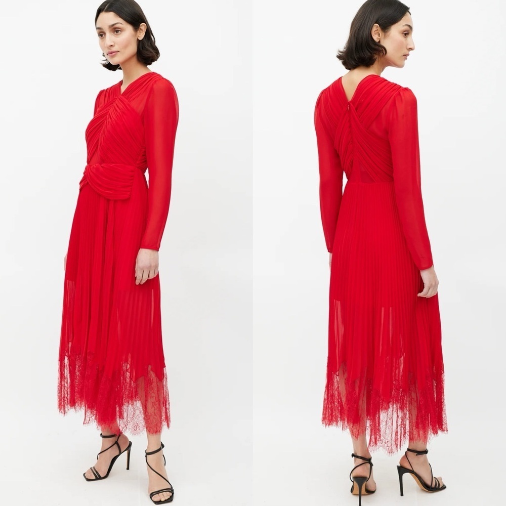 SELF PORTRAIT DARK RED CROSS FRONT LONG SLEEVE PLEATED SKIRT LACE MIDI DRESS - Picture 3 of 15